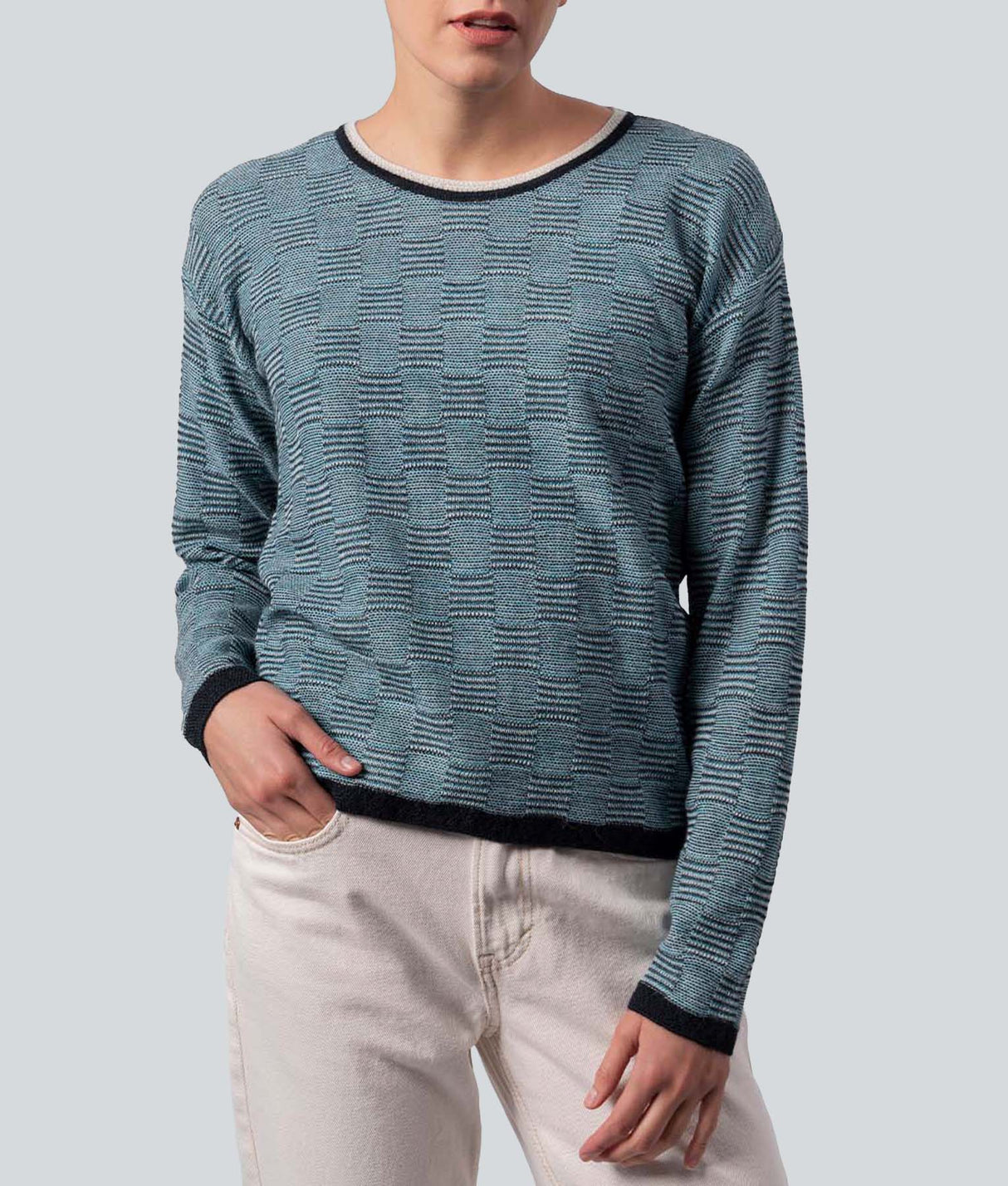 Geometric Jacquard Sweater - Petrol Blue And Black