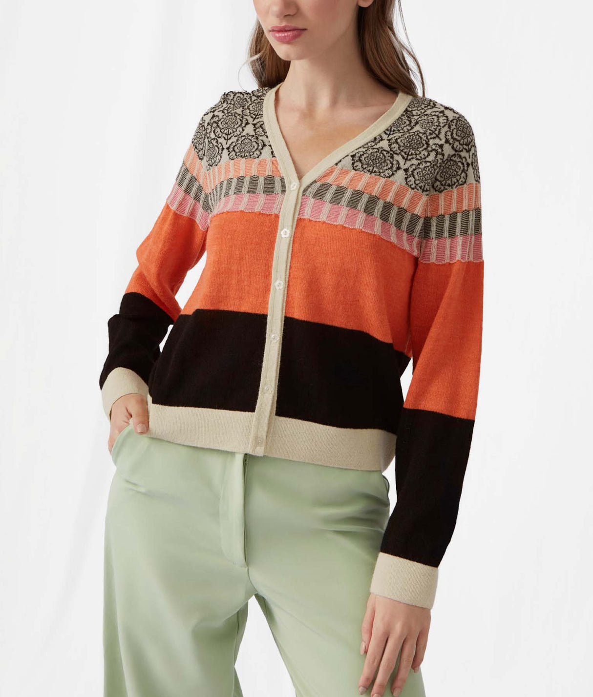 Cardigan Floreado - Naranja Exotica Y Leche De Almendras