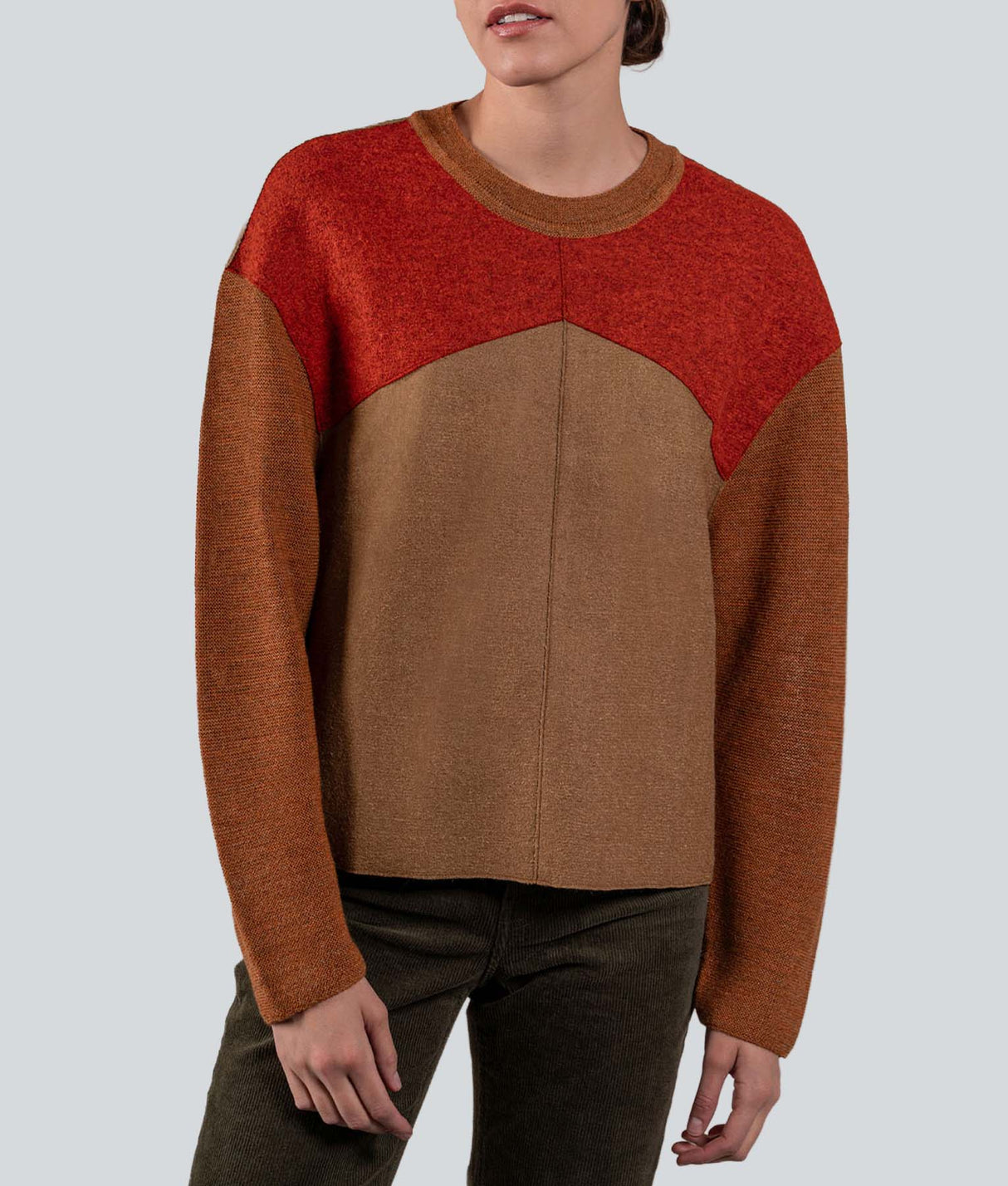 Round Neck Sweater - Brick Red And Clay Brown