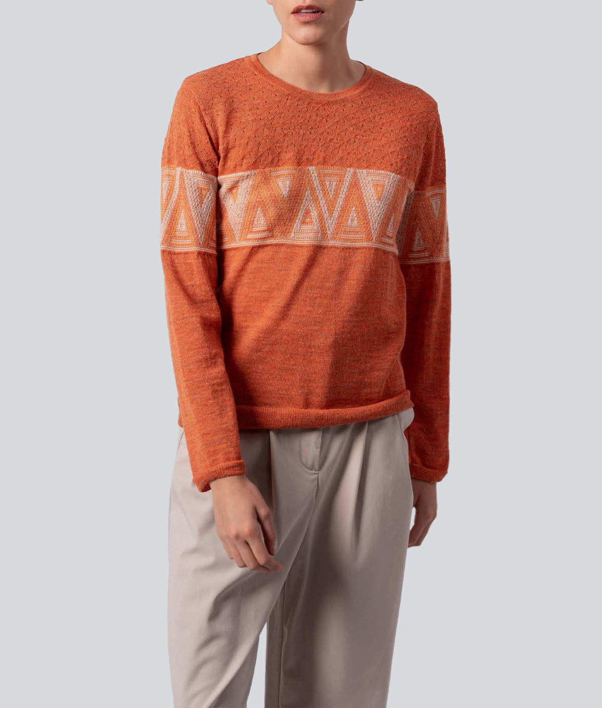 Round-Neck Triangle Sweater - Terracotta and Light Beige